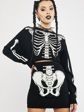 Trickz n' Treatz Black & White Knit Cropped Skeleton Sweater